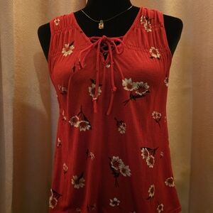 Maurices Red Floral Lace-Up Tank Top